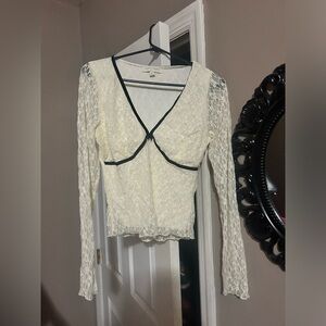 Cream Lace Long-Sleeve Top with Black Trim
